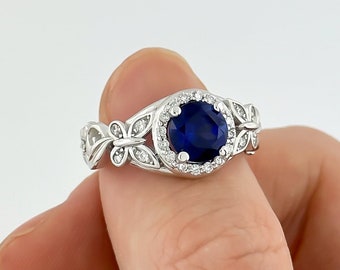 Butterfly Engagement Ring Blue Sapphire 14k White Gold Ring Diamond Ring