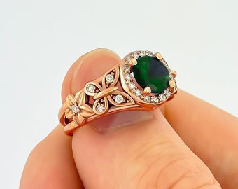 Round Emerald Engagement Flower Ring Nature Inspired Wedding Ring