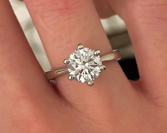 2 Carat Round E VS1 Lab Grown Diamond 6 Prong Solitaire Ring Cathedral Ring 14k White Gold Engagement Ring IGI Certified