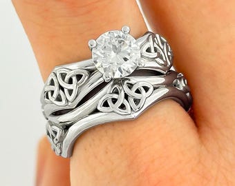 1 Carat Round Lab Grown Diamond Ring Celtic Engagement Ring Set 1 CT Round Diamond Bridal Set Trinity Knot Matching Band