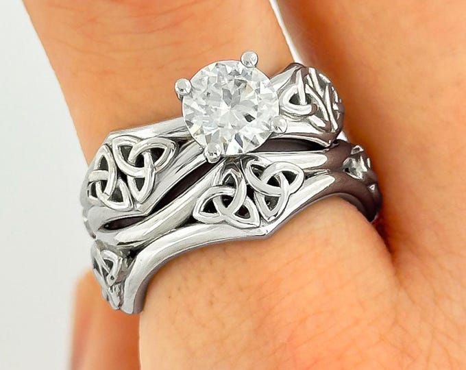 1 Carat Round Lab Grown Diamond Ring Celtic Engagement Ring Set 1 CT Round Diamond Bridal Set Trinity Knot Matching Band