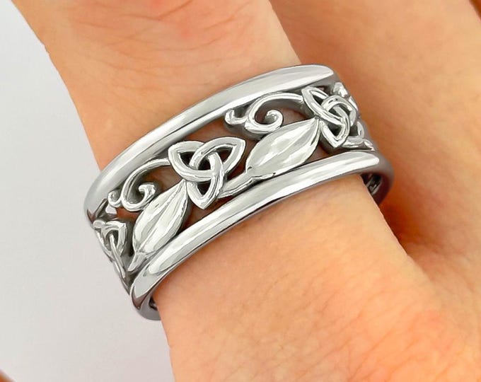 14k White Gold Celtic Wedding Band Mens Celtic Wedding Ring Celtic Infinity Knot Wedding Ring Nature Inspired Ring