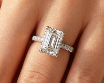 Emerald Cut Diamond Engagement Ring 2 CT Lab Grown Diamond Hidden Halo Wedding Ring 14k White Gold IGI Certified