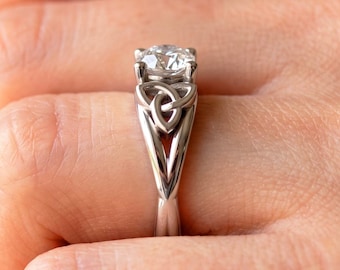 Celtic Trinity Knot Engagement Ring, 1 Carat Round Lab Diamond, 14K White Gold