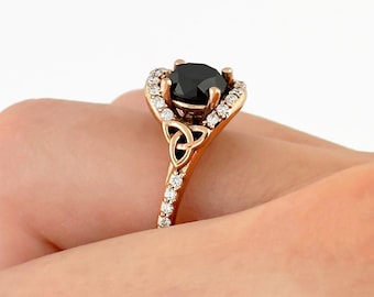 Celtic Engagement Ring 14k Rose Gold Ring Black Diamond Ring