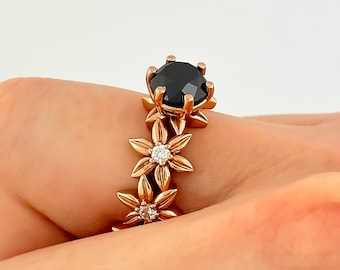 Floral Wedding Ring Unique 14k Rose Gold Black Diamond Flower Engagement Ring