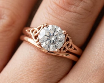 Celtic Engagement Ring 1 Carat IGI Certified Round Lab Grown Diamond Dainty Engagement Ring Set Matching Wedding Band 14k Rose Gold