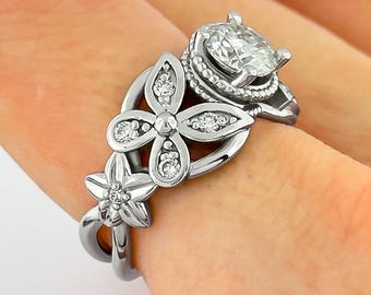 1 Carat Round Brilliant Lab Grown Diamond Butterfly Engagement Ring Nature Inspired Diamond Ring 14k White Gold