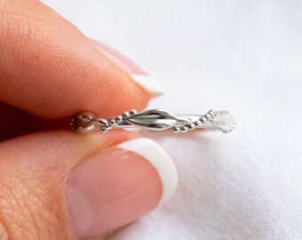 Dainty Sterling Silver Leaf Vine Ring Nature Inspired Floral Stackable Band