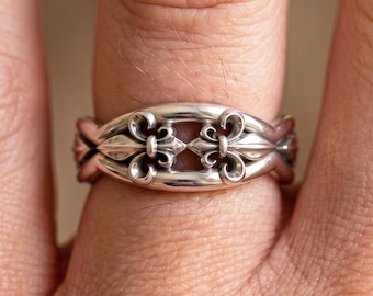 Fleur de Lis Ring 14k White Gold Vintage Style Band