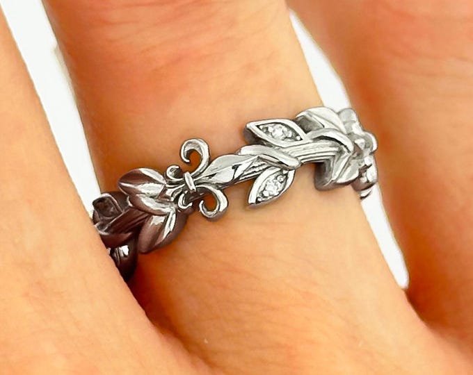 Fleur de Lis Wedding Band 14k White Gold Nature Inspired Diamond Eternity Vine Ring Unique Wedding Band