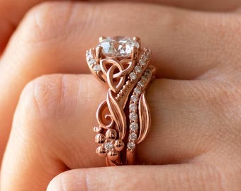 14k Rose Gold Celtic Engagement Ring Set, 2ct Lab Grown Diamond