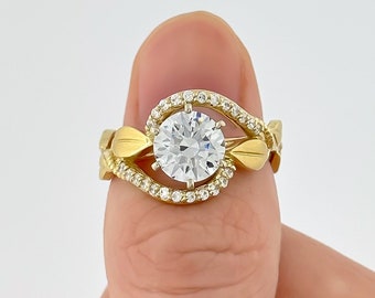 Leaf Diamond Engagement Ring Solid 14k Yellow Gold Matte Finish Lab Grown Diamond Round Cut Nature Inspired Wedding Ring For Women