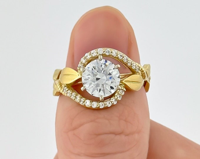 Leaf Diamond Engagement Ring Solid 14k Yellow Gold Matte Finish Lab Grown Diamond Round Cut Nature Inspired Wedding Ring For Women