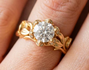 Nature Inspired Engagement Ring 1 Carat Lab Grown Diamond 14K Yellow Gold Leaf Ring IGI Certified Botanical Ring