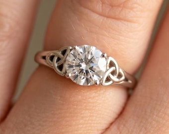 Celtic Diamond Engagement Ring 1 Carat Lab Grown Diamond 14k White Gold Trinity Knot Ring Dainty Minimalist Ring