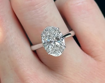 3 Carat Oval Cut Engagement Ring Oval Lab Grown Diamond Ring Hidden Halo 14k White Gold Dainty Ring