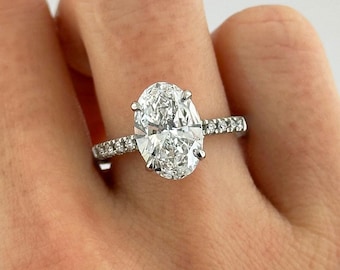 2.5 Carat Oval Lab Grown Diamond Hidden Halo Engagement Ring 14k White Gold Proposal Ring