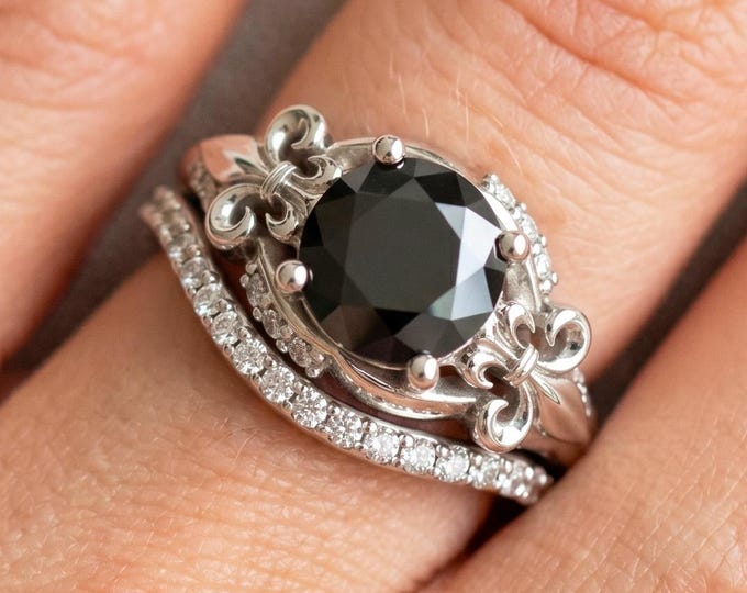 Fleur de Lis Engagement Ring Set 14k White Gold 1 Carat Round Black Diamond