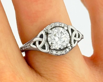 Celtic Engagement Ring 1 Carat Lab Grown Diamond Wedding Ring 18k White Gold Triquetra Ring IGI Certified