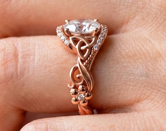 Celtic Engagement Ring 1.5 Carat Oval Lab Grown Diamond 14k Rose Gold Wedding Ring Nature Inspired
