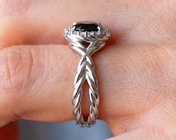 1 Carat Black Diamond Engagement Ring Halo Diamond Rope Ring 14k White Gold