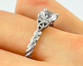 Celtic Engagement Ring Twisted Rope Ring 14k White Gold 1 Carat Lab Grown Diamond Solitaire Braided Wedding Dainty Ring