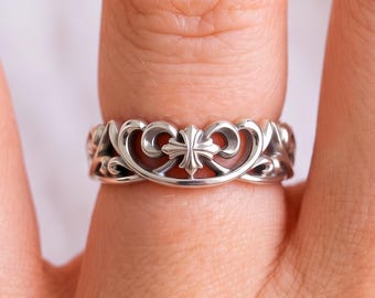 Unique Sterling Silver Fleur De Lis Cross Ring, Eternity Filigree Wedding Band