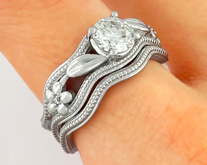 Flower Engagement Ring Set 1 Carat Round Lab Grown Diamond Nature Inspired 14k White Gold Leaf Ring IGI Certified