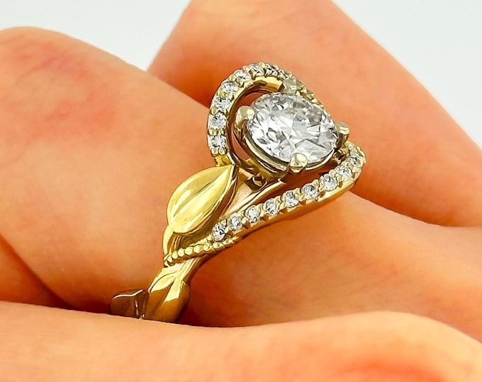 Nature Inspired Diamond Engagement Ring Leaf Wedding Ring Unique 14k Yellow Gold 1 Carat Lab Grown Diamond Proposal Ring