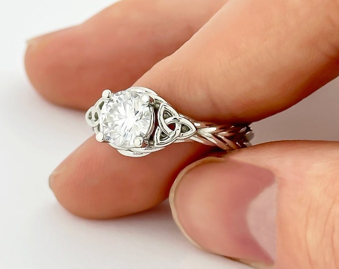 1 Carat Round Lab Grown Diamond Celtic Engagement Ring 14k White Gold Rope Triquetra Braided Wedding Ring
