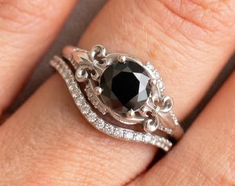 Fleur de Lis Engagement Ring Set 14k White Gold 1 Carat Round Black Diamond