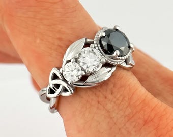 Black Diamond Celtic Engagement Ring, Trinity Knot Irish Wedding Ring, 14k White Gold Leaf Ring, Nature Inspired