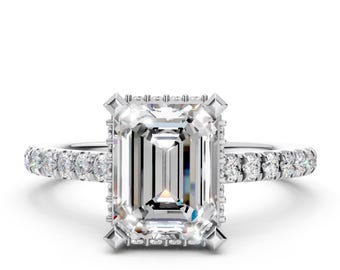 Emerald Cut Diamond Engagement Ring 2 CT Lab Grown Diamond Hidden Halo Wedding Ring 14k White Gold IGI Certified