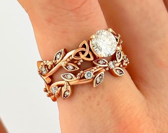 Nature Inspired Engagement Ring Set 1 Carat Lab Grown Round Diamond Celtic Trinity Knot Bridal Set 14k Rose Gold IGI Certified