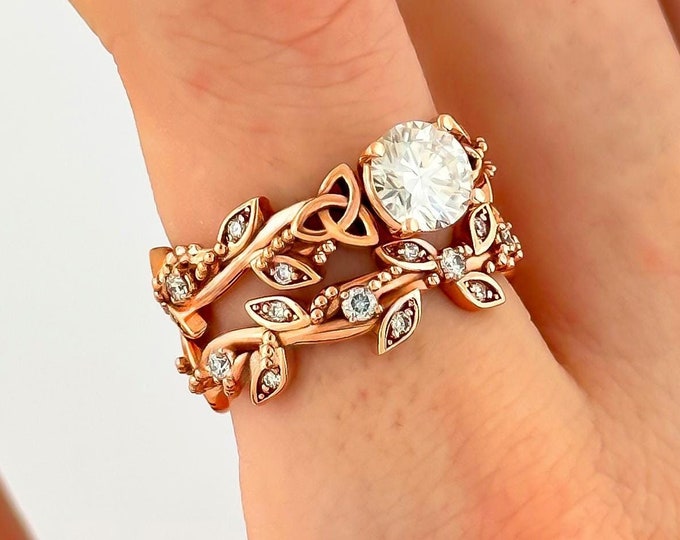 Round Brilliant Diamond Ring Leaf Branch Engagement Set Nature Inspired Ring