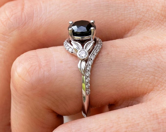 1 Carat Round Black Diamond Leaf Engagement Ring Nature Inspired Ring in 14k White Gold Dainty Wedding Ring