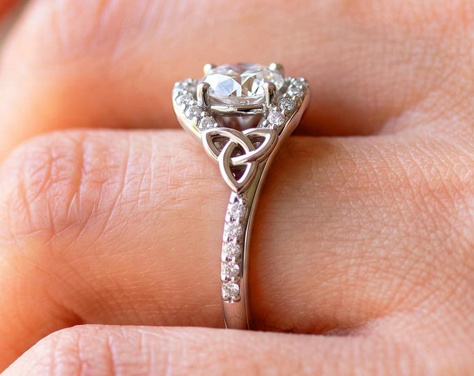 Celtic Engagement Ring 1 Carat Round Lab Grown Diamond Ring Trinity Knot Thin Engagement Ring Dainty Ring 14k White Gold