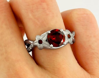 Round Cut Red Garnet Engagement Ring 14k White Gold Flower Nature Inspired Bridal Wedding Ring