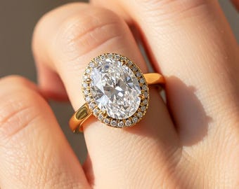 4 Carat Oval Lab Grown Diamond Ring Halo Engagement Ring 14k Yellow Gold IGI Certified