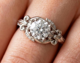 Fleur de Lis Engagement Ring 14k White Gold 1 Carat Round Diamond Lab Grown