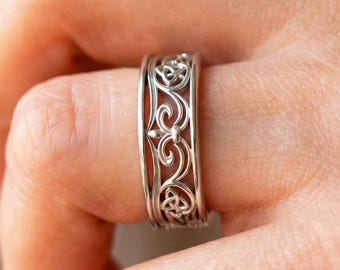 Celtic Wedding Band 18k White Gold Fleur de Lis Trinity Knot Band