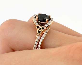 Black Diamond Engagement Ring Set Celtic Irish Bridal Rings in 14k Rose Gold