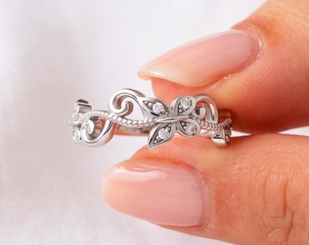 Butterfly Garden Ring 925 Sterling Silver Lab Diamond Botanical Vine Floral Wedding Band