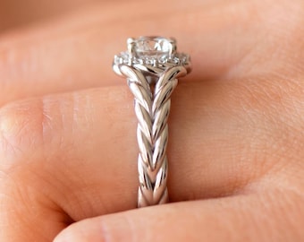 Halo Diamond Engagement Ring 14K White Gold Rope Wedding Ring 1 Carat Round Lab Grown Diamond IGI Certified