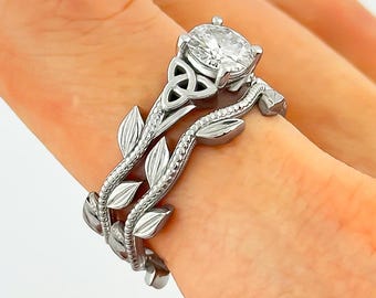 Nature Inspired Bridal Set 14k White Gold Celtic Trinity Knot 1 Carat IGI Certified Lab Grown Diamond
