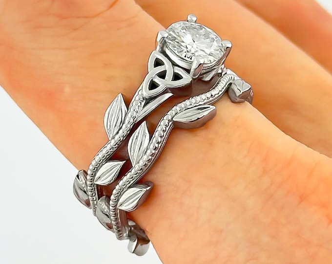 Nature Inspired Bridal Set 14k White Gold Celtic Trinity Knot 1 Carat IGI Certified Lab Grown Diamond