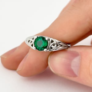 Emerald Engagement Ring Celtic Engagement 14K White Gold Ring Round 1 Carat Emerald Ring