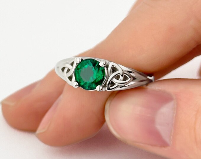 1 CT Round Emerald Engagement Ring Celtic Triquetra Ring 14K White Gold Dainty Ring