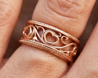 Nature Inspired Wedding Band Wedding Ring Heart Shape Anniversary Band 18k Rose Gold